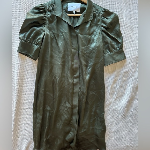 Frame 100% Silk Olive Long Sleeve Button Down Shirt Dress - Picture 4 of 4